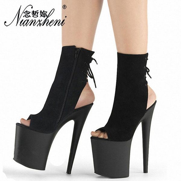 

boots 20cm ankle pumps women shoes platform heels peep toe flock strap dancing 8 inch pu lolita party, Black