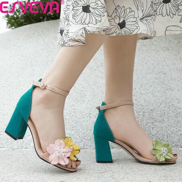 

square heel summer sandals flowers buckle all match ladies pumps sheepskin fashion open-toed women shoes size 34-40, Black