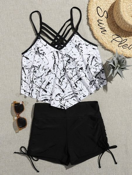 

graphic hanky hem lattice bikini swimsuit w1og#, White;black