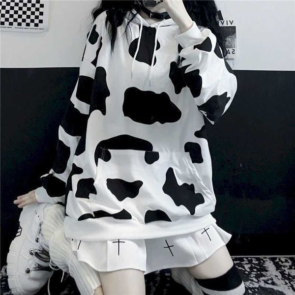 

fleece sweatshirt women's autumn and winter korean harajuku bf style black white printing loose hooded student jacket 210526