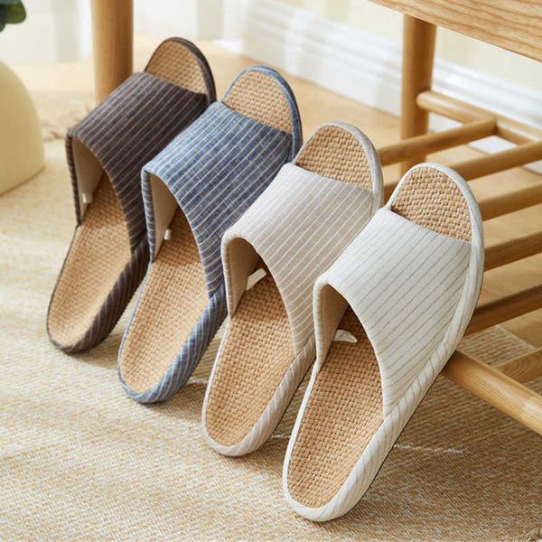 2021 japanischen Stil Gestreiften Hanf Paar Hause Hausschuhe Frühling Sommer Schlafzimmer Frauen Indoor Schuhe Leichte Einfache Rutschen Y0731