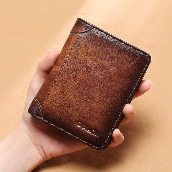 

men's cow genuine leather vintage money clips rfid blocking short thin wallets casual wallet male credit card holder coin purse leisure, Black
