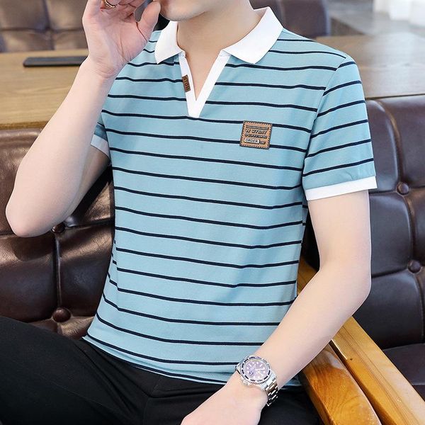 

men's polos stripes short sleeve t-shirt male summer thin section shirts men ice silk cultivate shirt collar wear t-shirts, White;black