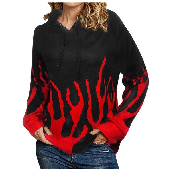 

women's hoodies & sweatshirts flame printed women casual solid hooded sweatshirt autumn winter long sleeve loose pullovers korean stree, Black