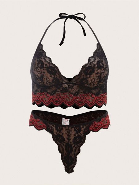 

plus floral lace scallop trim lingerie set b5o2#, Black;white