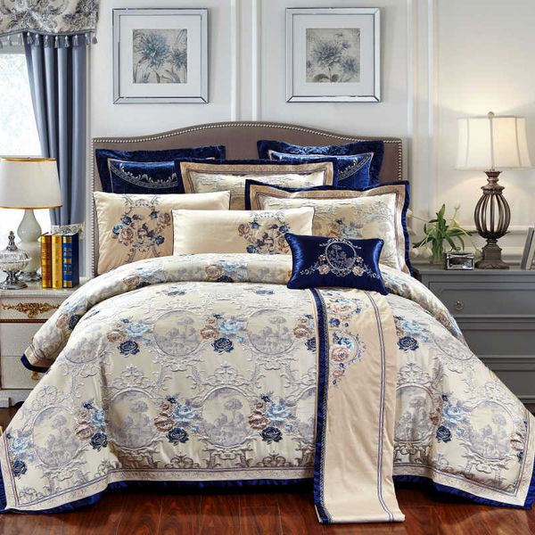 4/6/10 Pz Blu Jacquard Set Biancheria Da Letto di Lusso King/Queen Size US king 104X90in Cotone Lenzuolo Copripiumino Federe 210721