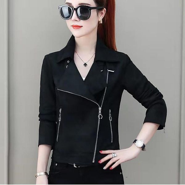 

women's jackets bl-29 women autumn solid colors cool faux leather jacket long sleeve zipper turn-down collar motorcycle biker short coa, Black;brown