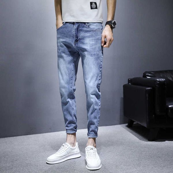 

brand fashion jeans men's spring and summer 2021 loose korean trend elastic leggings youth pants capris pants, Blue