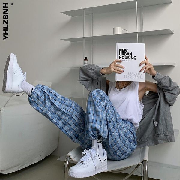 

fashion blue checkered harajuku pants women straight trousers loose high waist plaid baggy pantalones bottom women's & capris, Black;white