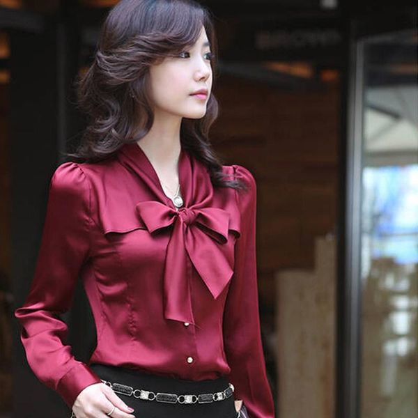 

women's blouses & shirts plus size xxxxl women ol silk blouse satin long sleeved butterfly bow shirt feminine fresh sweet for party of, White