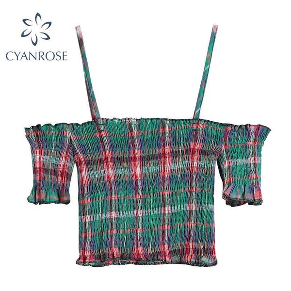 

summer women's spaghetti strap or slash neck camisole plaid retro party club bar egirl elastic y2k crop camis 210417, White
