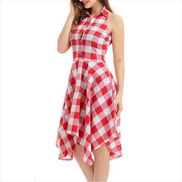 

fashion spring summer lady plaid print button down slim sleeveless irregular midi dress womens clothing, Black;gray