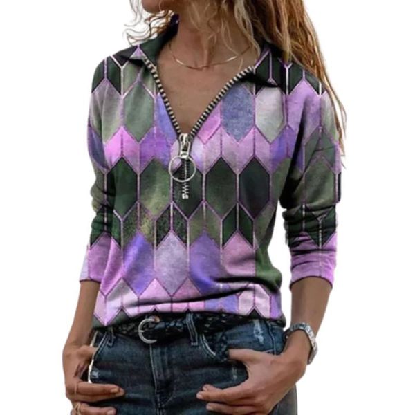 

women's blouses & shirts fashion geometric print blouse shirt loose zipper tee spring autumn casual long sleeve pullover ladies, White