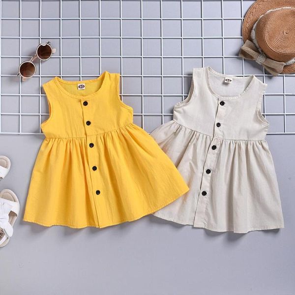

girl's dresses summer toddler kids baby girls solid color sleeveless bottom princess yellow white dress casual loose breathable clothes, Red;yellow