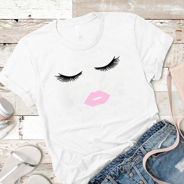

funny eye lip printed women short sleeve loose tee female clothes graphic, White
