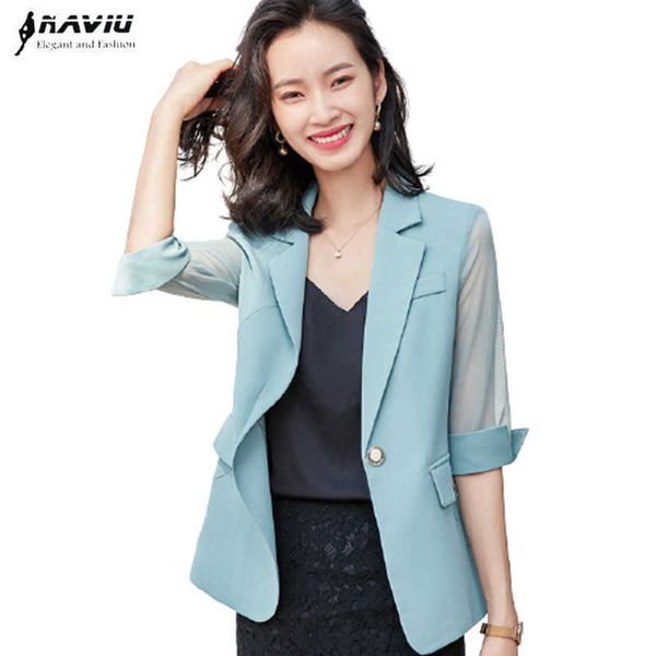 Luz verde blazer mulheres temperamento verão moda casual meia manga magro jaqueta escritório senhoras casaco de trabalho formal 210604