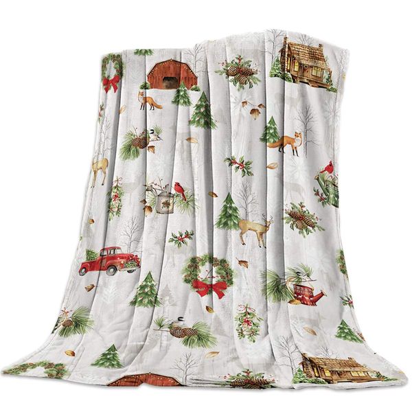 

Christmas Red Farm Truck Flannel Blankets Cabin Elk Fox Tree Throw Blankets Soft Lightweight Bed Blanket Cozy Plush Microfiber