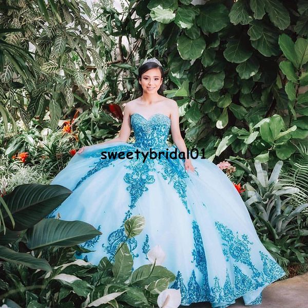 Blaue Pailletten, funkelndes Quinceanera-Kleid, Ballkleid mit abnehmbarer Schleppe, 2022 Prinzessin Sweet 16 Prom Party Wear