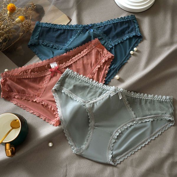 

women's lace ice breathable underwear traceless mid low waist ultra thin transparent mesh girl's briefs, Black;pink