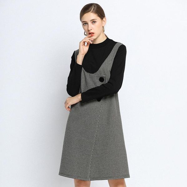 

casual dresses 2021 fashion oversize plaid dress autumn winter slim houndstooth contrast color fake two pieces elegan button plus size, Black;gray