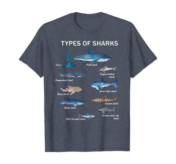 

9 types of sharks marine biology educational t-shirt, White;black