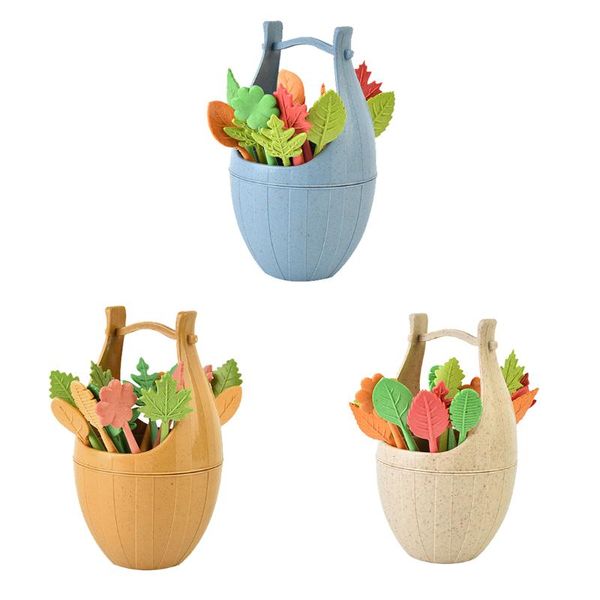 

forks 16pcs green biodegradable wheat straw leaves fruit fork set party cake salad vegetable picks table decor tools