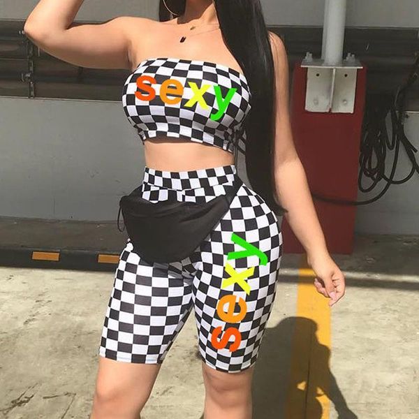 

short sets two piece womens tracksuits set plaid 2 strapless feminino summer outfits bodycon elastic, Gray