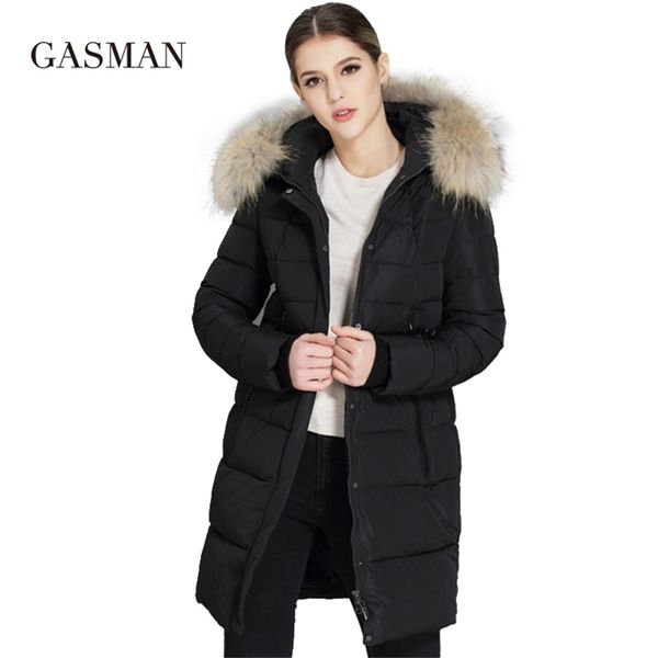 

gasman winter women down jackets coats brand hooded parka female overcoat natural fur collar plus size 6xl 6012 210923, Black