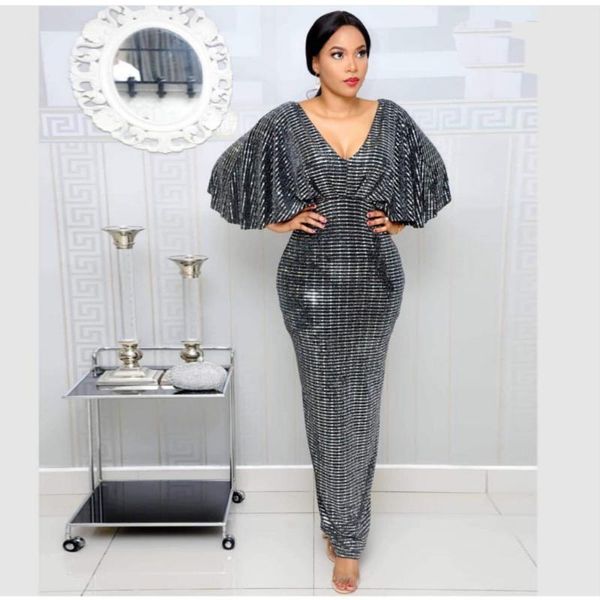 

ethnic clothing african dresses for women fashion v-neck elegant shine sequins zipper batwing sleeves tight dress soiree backless, Red