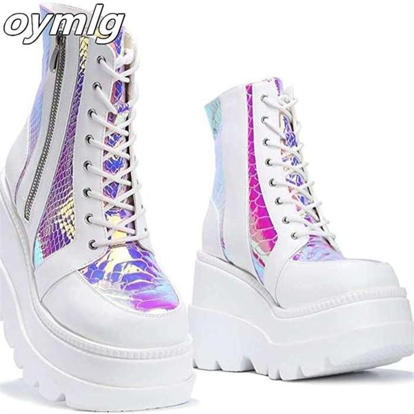 

boots 2021 platform winter shoes women ankel metal buckle punk female wedges high heels leather botas mujer plussize, Black