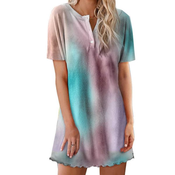 Moda solta camiseta vestidos mulheres primavera verão casual tie tintura botão de impressão para cima o pescoço de manga curta mini vestido senhoras 210526