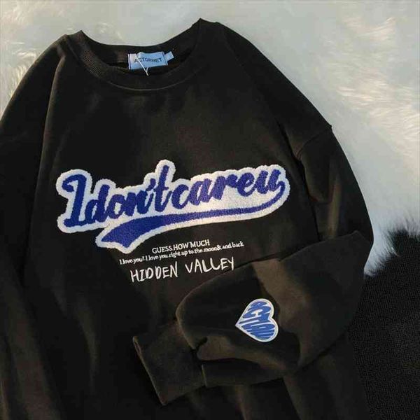 

american retro letter embroidery sweatshirt women high street round neck long-sleeved hoodie couple loose all-match top, Black
