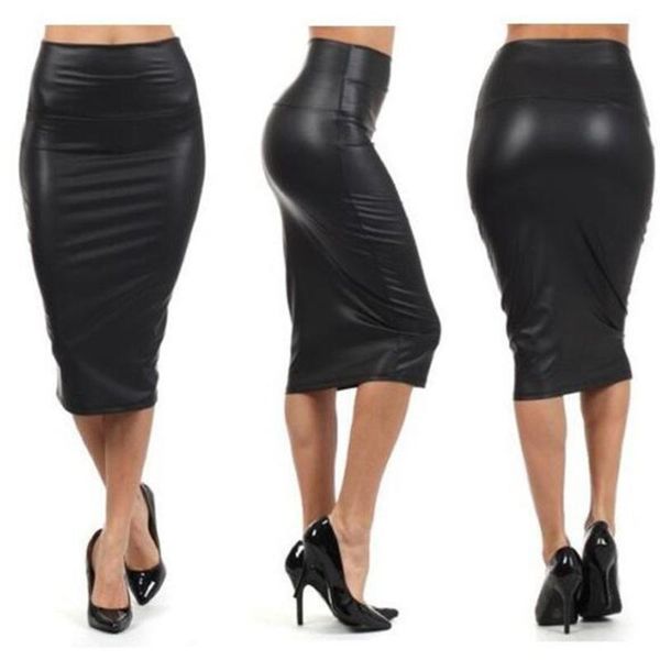 

skirts ljcuiyao bodycon skirt faux leather women high waist pencil office package hip knee length split bottom, Black