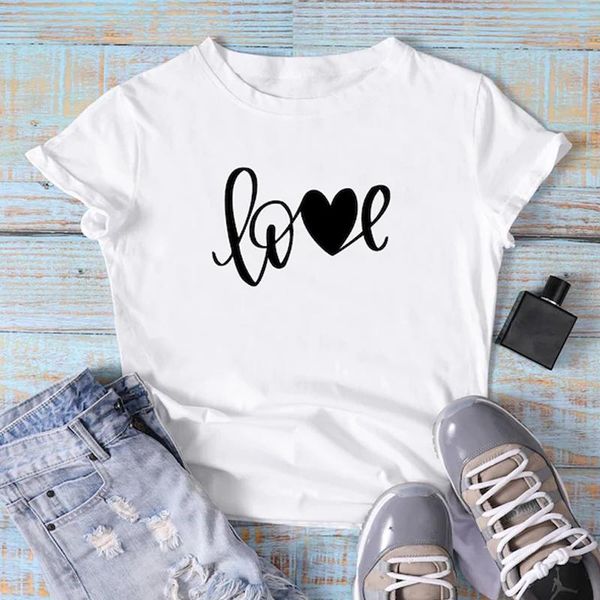 

women's t-shirt women summer tshirt valentine's day gift for her t shirt vintage heart graphic love letter print funny tee top, White