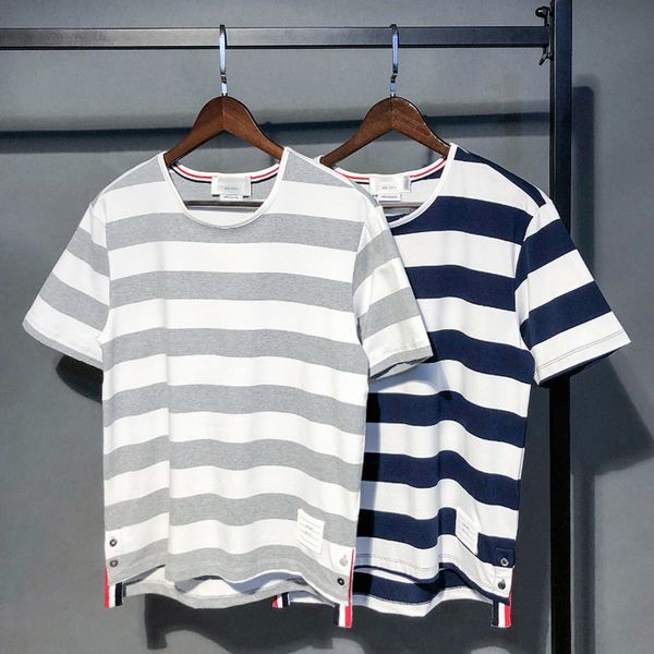 

2021 fashion tb thom brand o-neck collar horizontal stripes short-sleeved t-shirt loose men cotton summer clothing, White;black