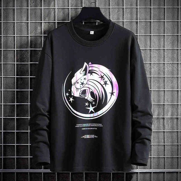 

hoodies sweater fleece men's 2021 autumn and winter long sleeve t-shirt korean chao brand personalized printed round neck pullover bott, Black