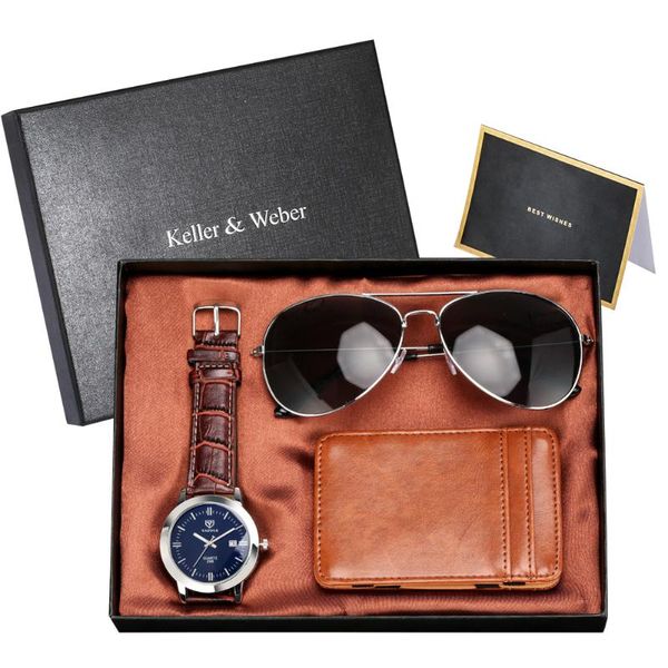 

wristwatches mens gift sets quartz watches casual black/coffee leather wallets fashion sunglasses gifts with box 2021, Slivery;brown