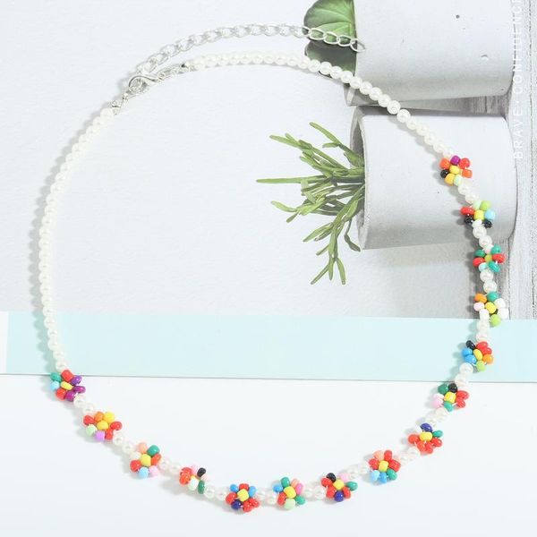 

chokers bohemian ethnic beaded imitation pearl sunflower choker necklace sweet mixed colored handmade flower summer jewelry, Golden;silver