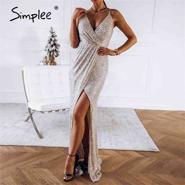 

simplee v-neck lace up halter sequin party dresses women high split maxi dress female holiday evening long dress vestidos 210331, Black;gray