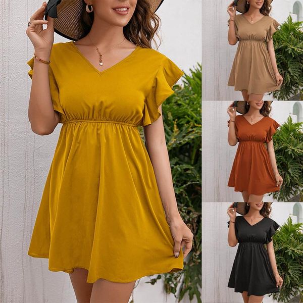 

casual dresses summer v-neck short sleeves women's mini backless hollow out lace stitching fashion black ruffle dress for women, Black;gray