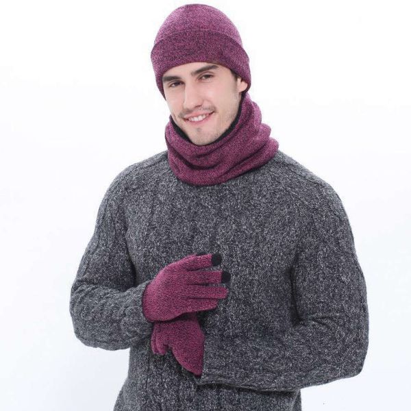 

scarf hat winter wool neck thickening warm knitted glove three piece set, Blue;gray