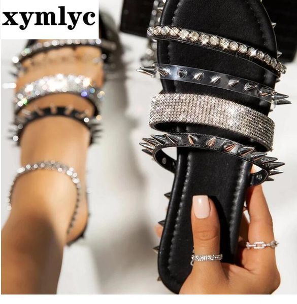 

shoes women rivet sandals line style ladies falt crystal bling slippers flats summer cool beach, Black