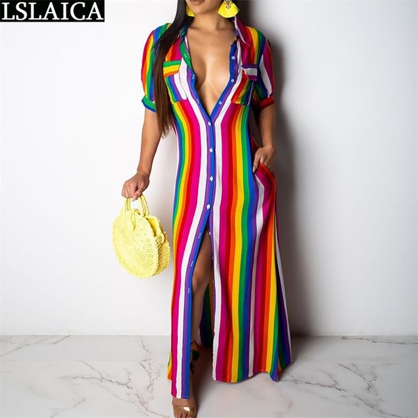 África estilo feminino camisa vestido casual colorido impressão listras de chão-comprimento moda profunda v-decote em v hem split senhoras es 210515