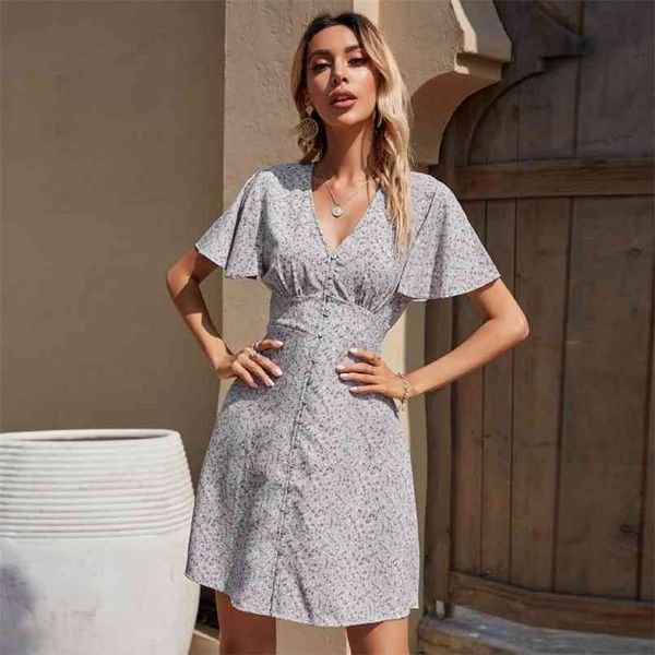 

beach butterfly sleeve v-neck dress for womens fashion high waist button chiffon ladies dress female vintage party 210508, Black;gray