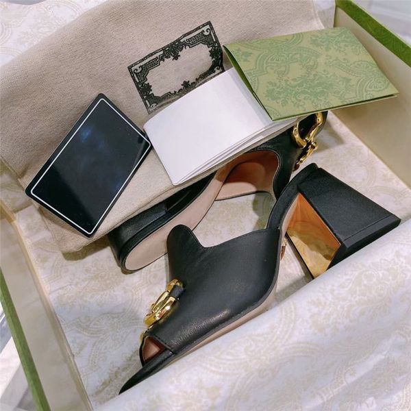 

designer women slippers high heels sandals fashion square toe slipper horsebit gold- toned slides wedding party pumps, Black