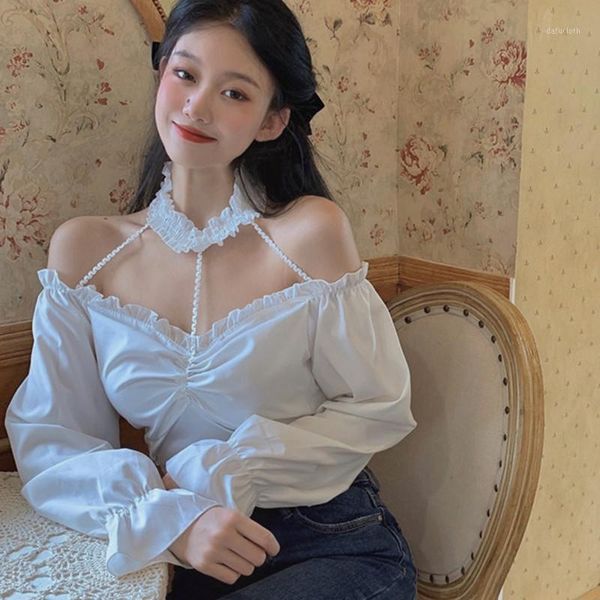 

women's fashion one-shoulder clavicle halter trumpet sleeve white short pleated slash hanging neck slim bare navel t-shirt