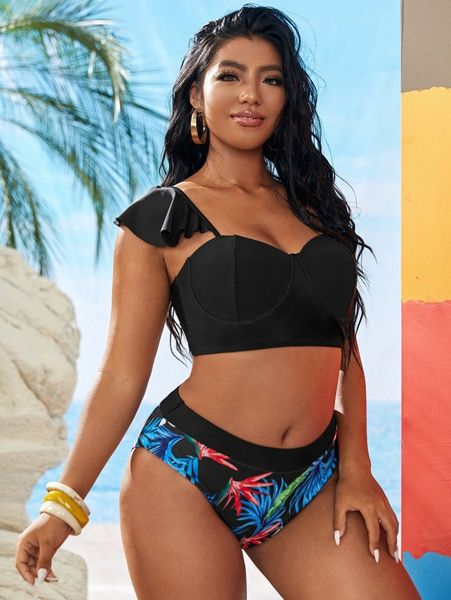 

plus plant print ruffle push up bikini swimsuit n6nb#, Black