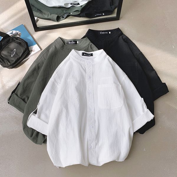 

new summer korean fashion shirt men's stand collar black and white seven point sleeve handsome leisure long coat, White;black