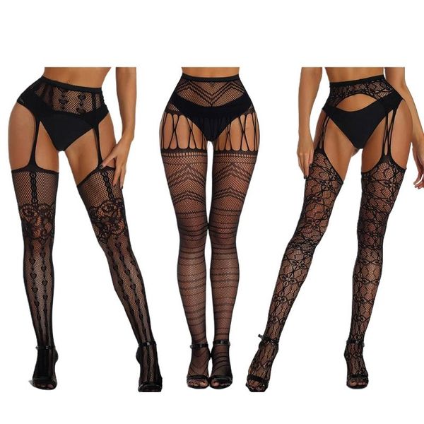

socks & hosiery women high waist suspender pantyhose fishnet tights garter belt stockings 649d, Black;white