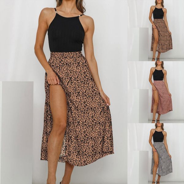 

leopard print chiffon women skirt split casual fashion elegant long summer elastic high waisted faldas, Black